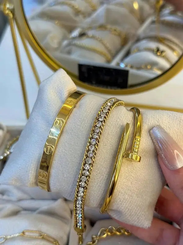 Luxury 3-Piece Gold Plated Bracelet Set for Women – Love Bangle, Nail Kara & Zircon Tennis Chain Stack