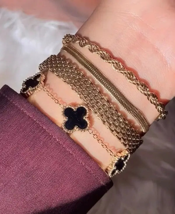 Premium 4-Piece Gold Plated Bracelet Stack – Black Clover Charm & Snake Chain Set for Girls