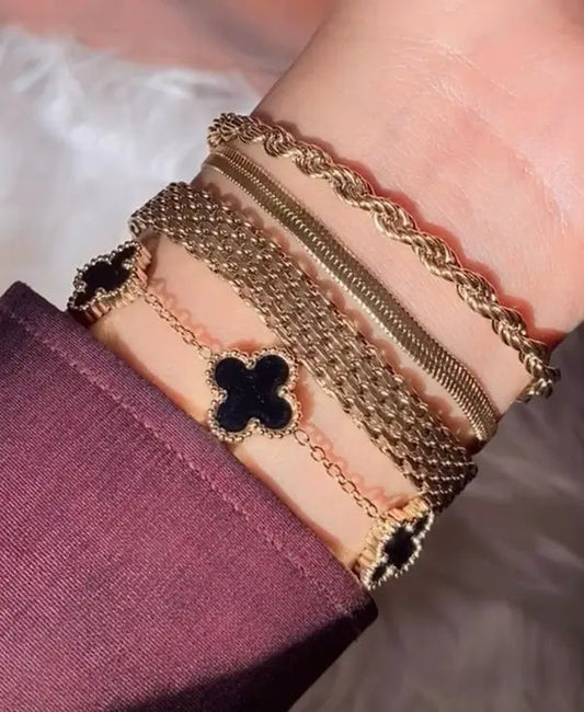 Premium 4-Piece Gold Plated Bracelet Stack – Black Clover Charm & Snake Chain Set for Girls