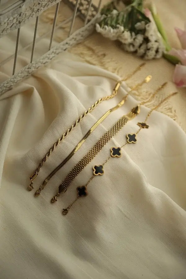 Premium 4-Piece Gold Plated Bracelet Stack – Black Clover Charm & Snake Chain Set for Girls