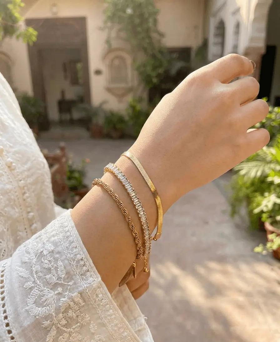 Premium 18K Gold Plated Bracelet Set for Women - Stylish 3-Piece Stacking Bangles & Tennis Bracelet